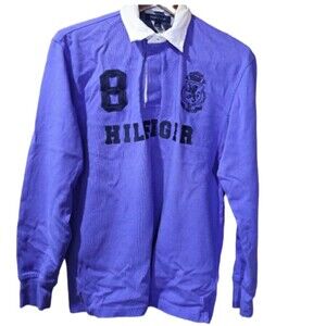 Tommy Hilfiger 90s Blue Rugby Polo Spellout Pullover Crest Logo Medium